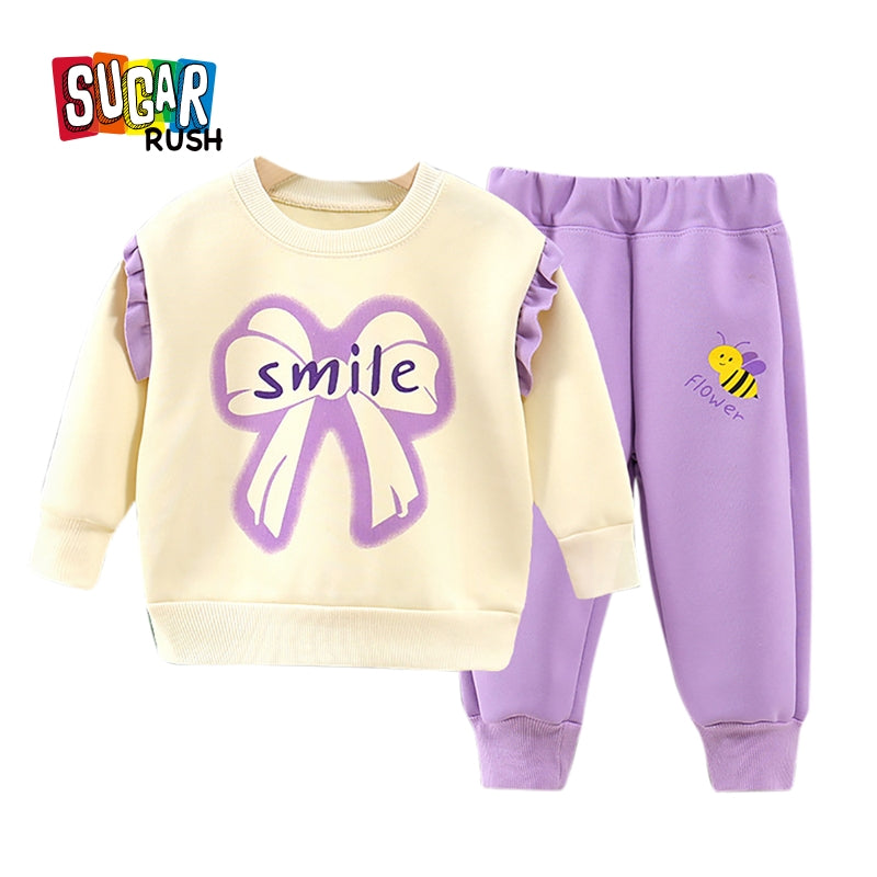 Girls Printed Round Neck Long Sleeves Sweatshirt With Jogger