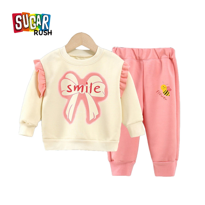 Girls Round Neck Printed Sweatshirt with Joggers
