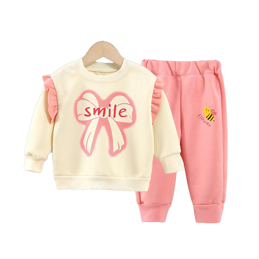 Girls Round Neck Printed Sweatshirt with Joggers