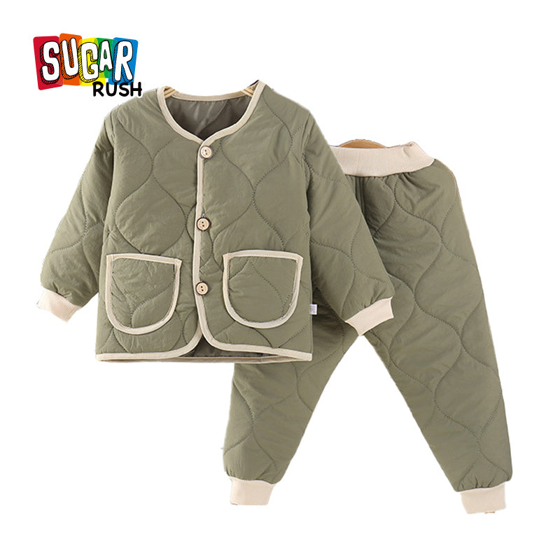 Boys Green V-Neck Long Sleeves Coat With Joggers
