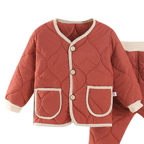 Girls Orange Self Design V-Neck Coat with Joggers