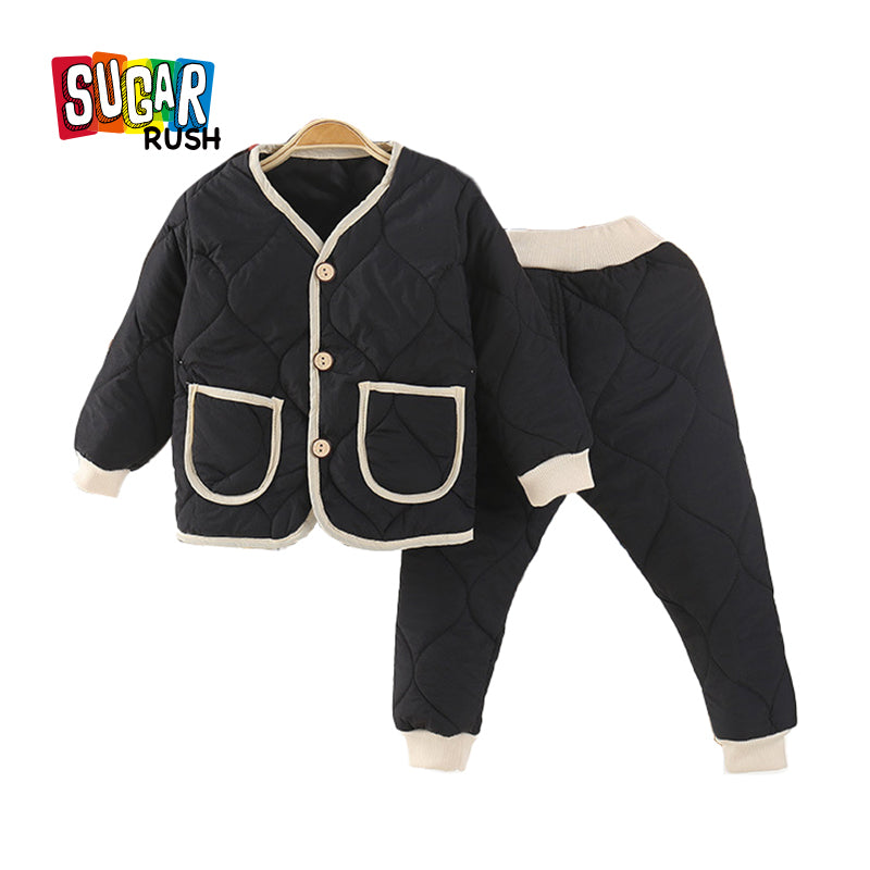 Boys Black V-Neck Long Sleeves Coat With Joggers