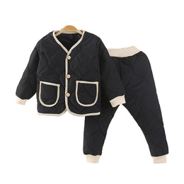 Boys Black V-Neck Long Sleeves Coat With Joggers