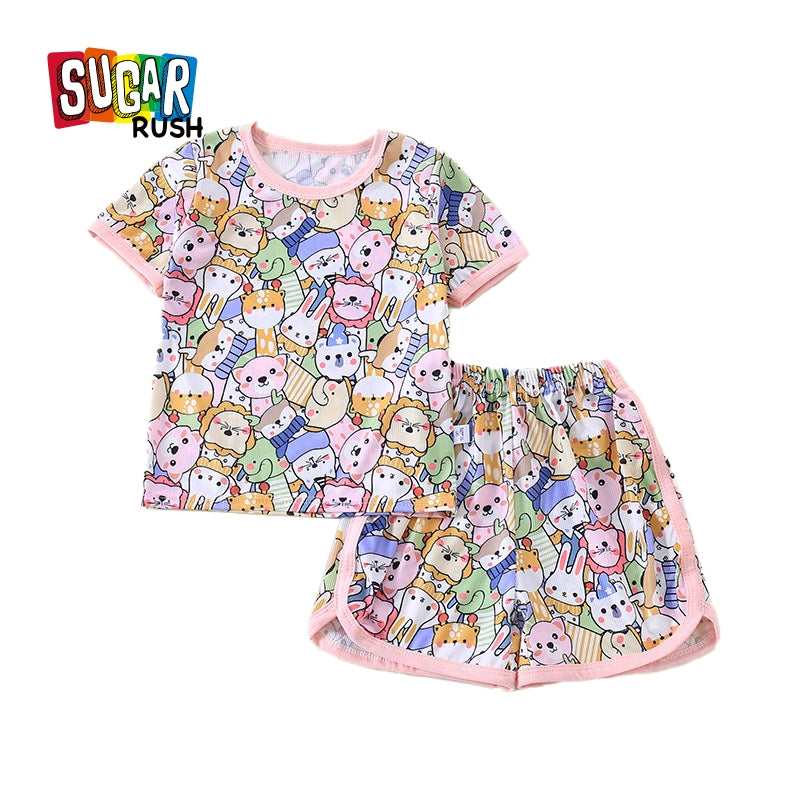 Girls Printed Short Sleeves Round Neck Top with Shorts