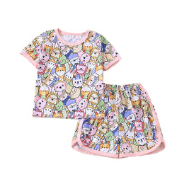 Girls Printed Short Sleeves Round Neck Top with Shorts