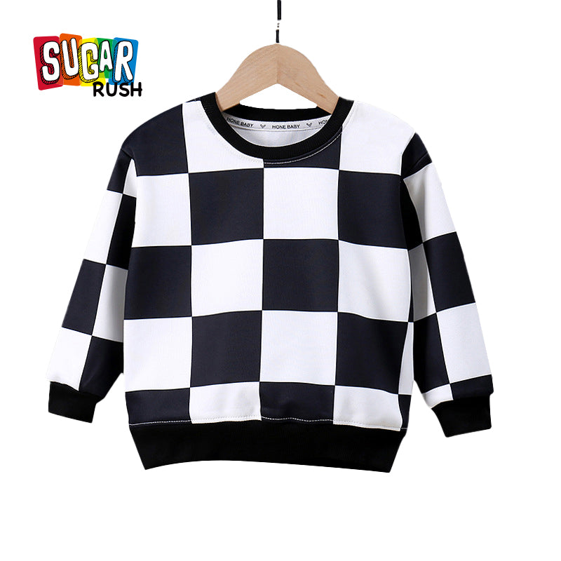 Boys Black & White Checked Round Neck Pullover