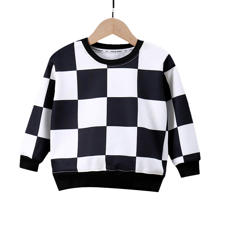 Boys Black & White Checked Round Neck Pullover