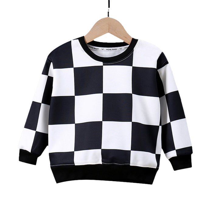 Boys Black & White Checked Round Neck Pullover