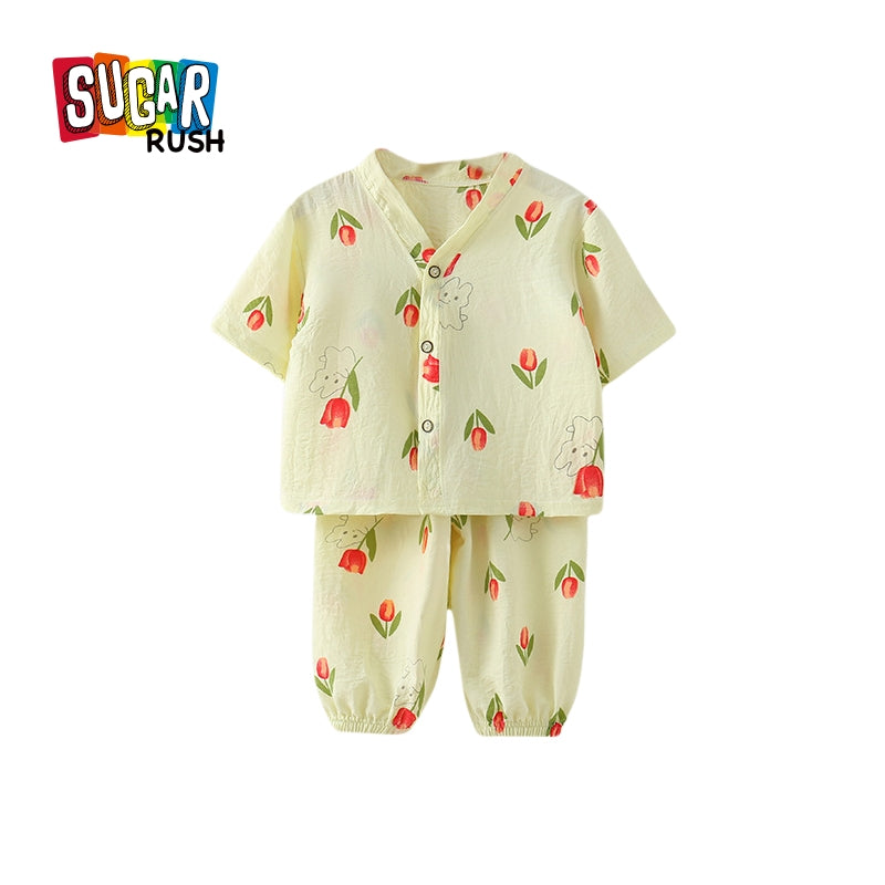 Girls Floral Printed V-Neck Pure Cotton Shirt With Jogger