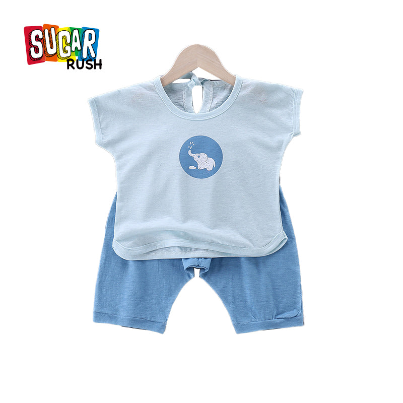 Boys Blue Printed Cotton T-shirt with Shorts