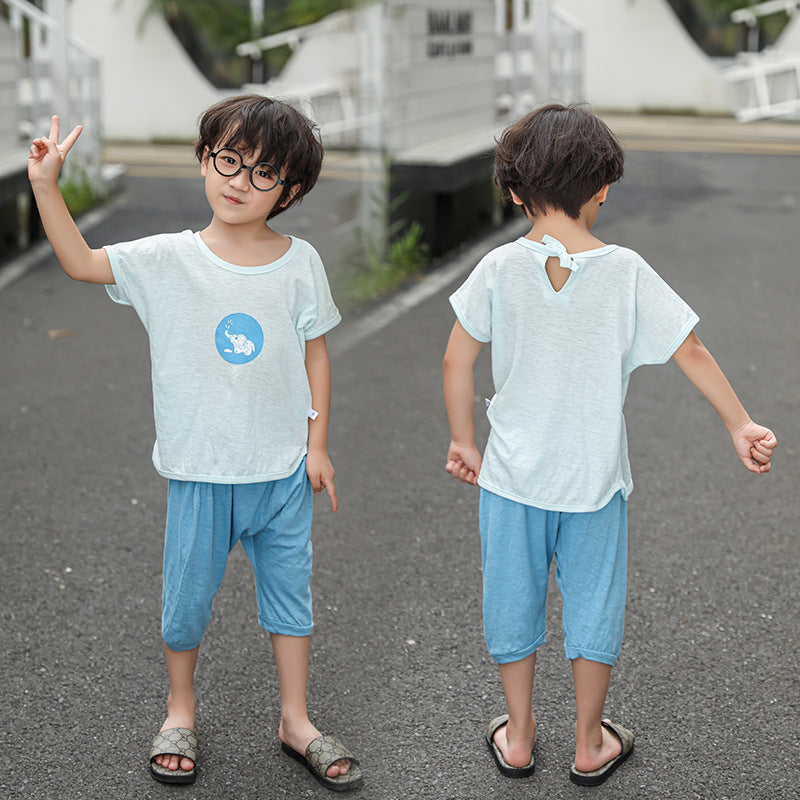 Boys Blue Printed Cotton T-shirt with Shorts