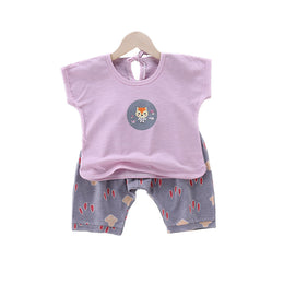 Girls Purple Pure Cotton Printed T-shirt with Shorts