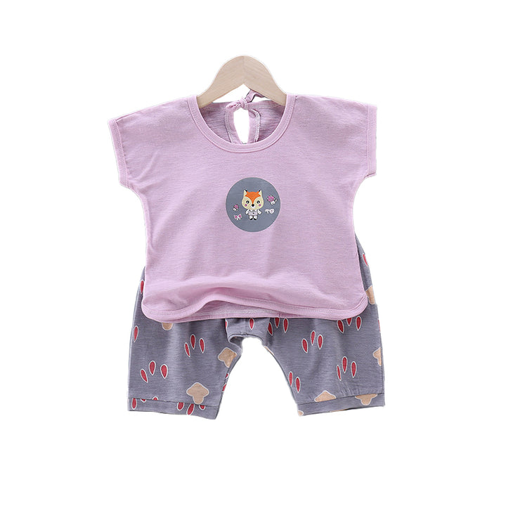 Girls Purple Pure Cotton Printed T-shirt with Shorts