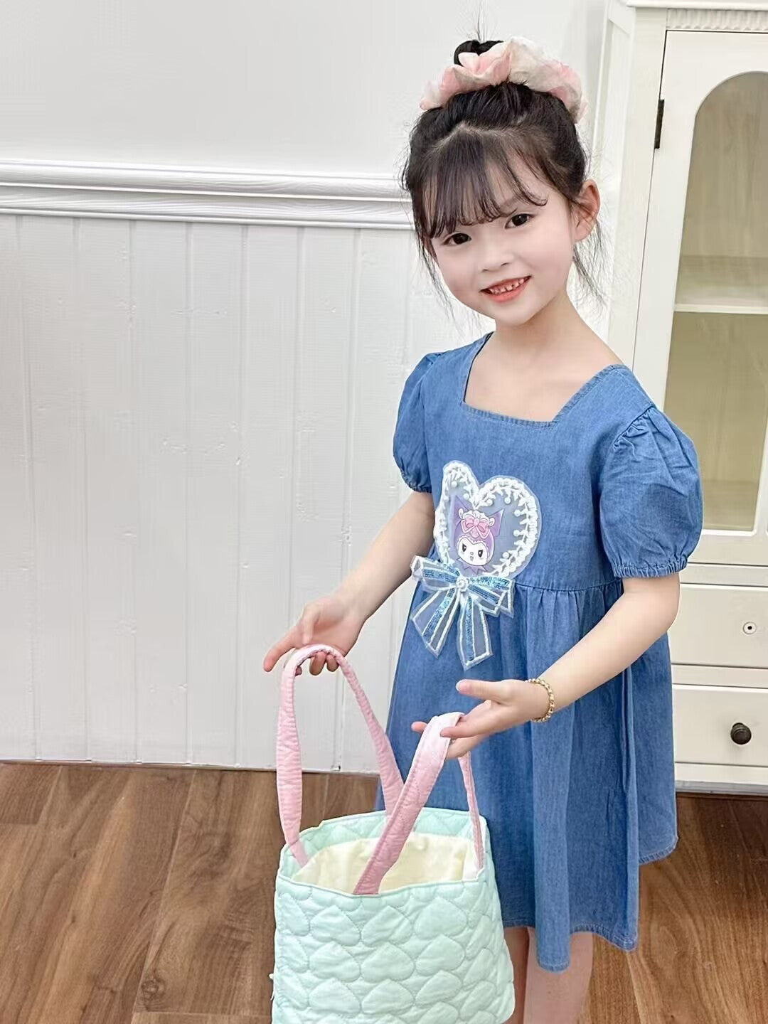 Girls Cotton Denim A-Line Dress