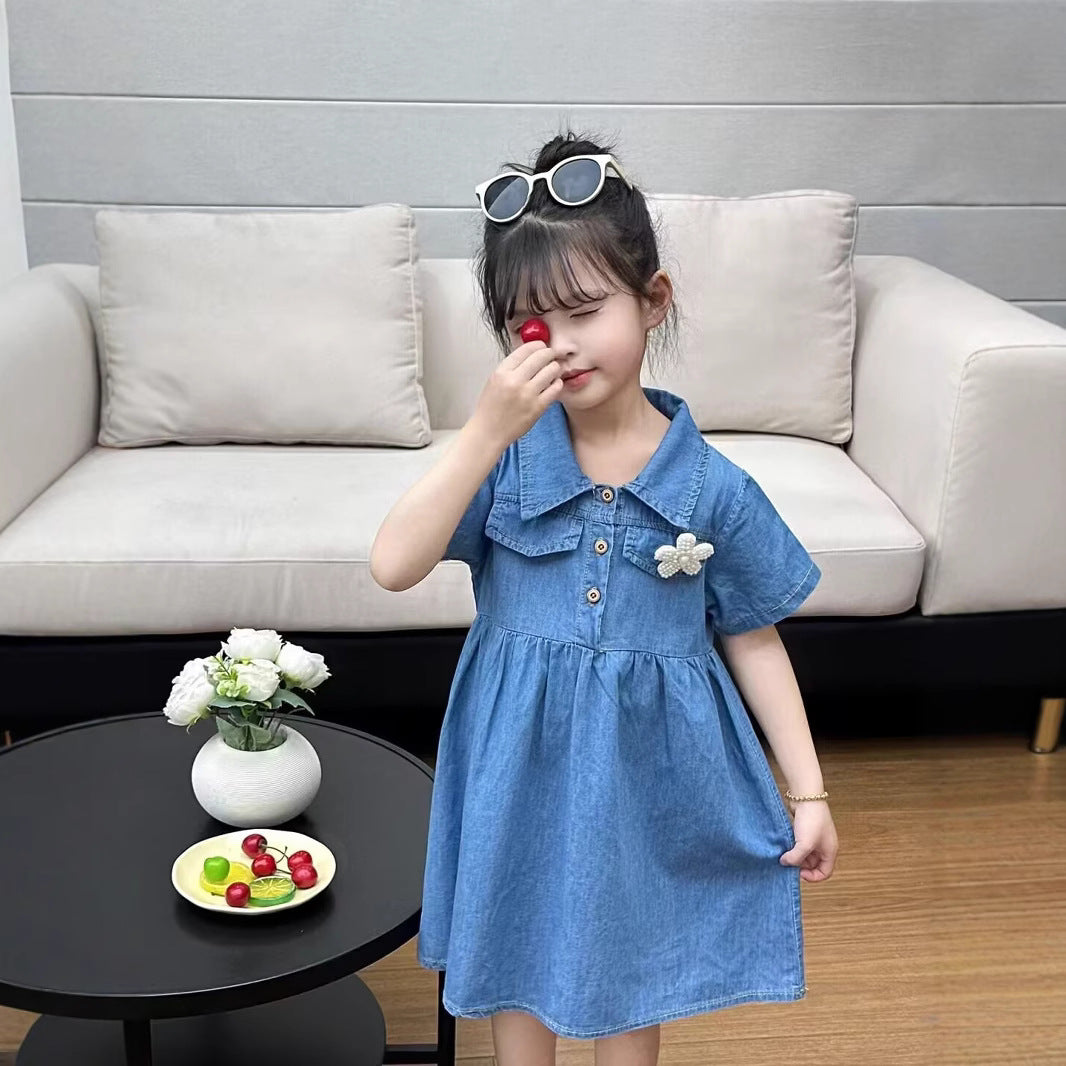 Girls Cotton Denim A-Line Dress