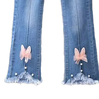 Girls Mid-Rise Clean Look Light Fade Embellished Detail Cotton Jeans