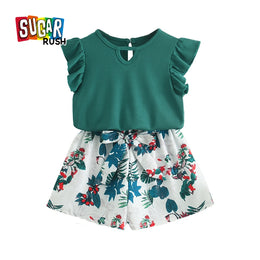 Girls Solid Top and Floral Printed Shorts Set