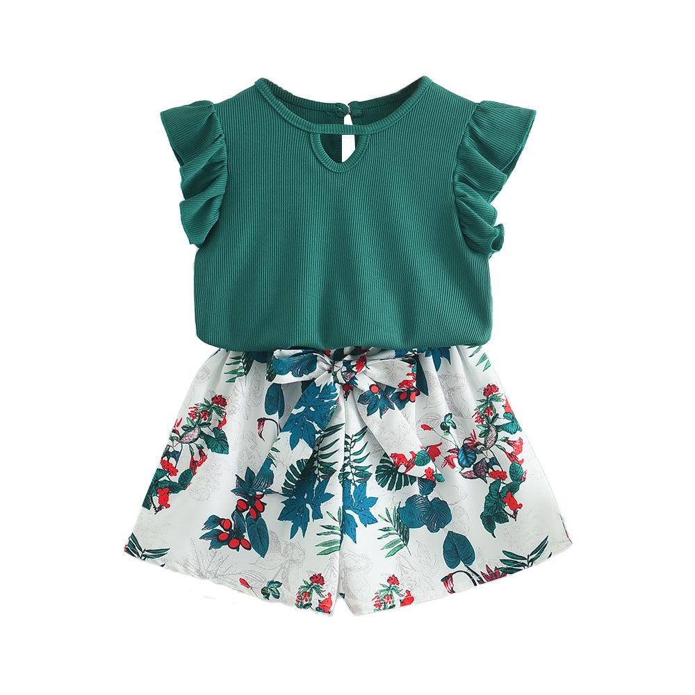 Girls Solid Top and Floral Printed Shorts Set