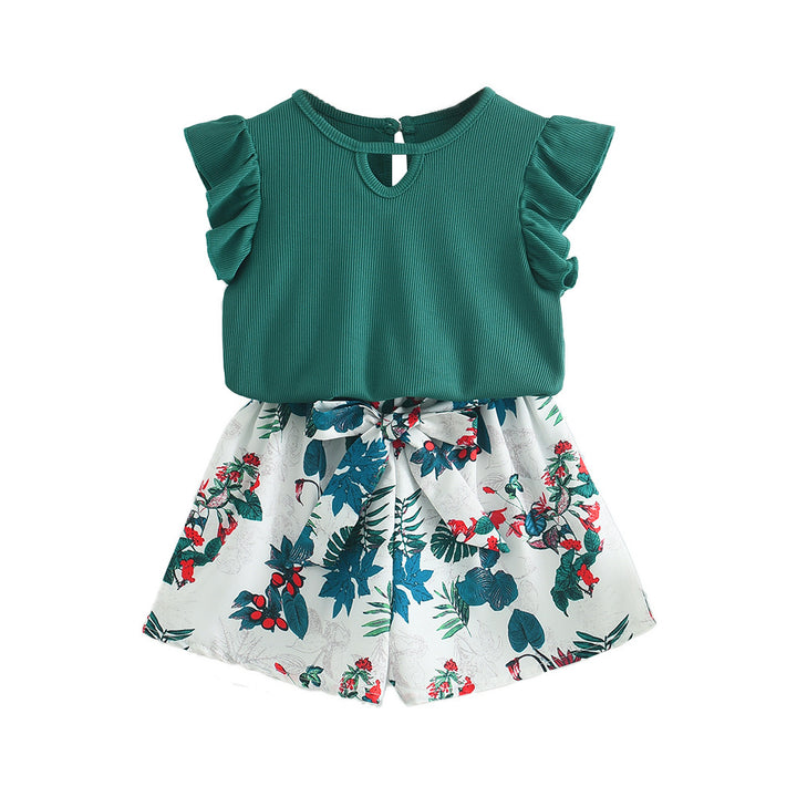 Girls Solid Top and Floral Printed Shorts Set