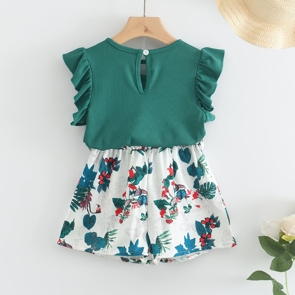 Girls Solid Top and Floral Printed Shorts Set