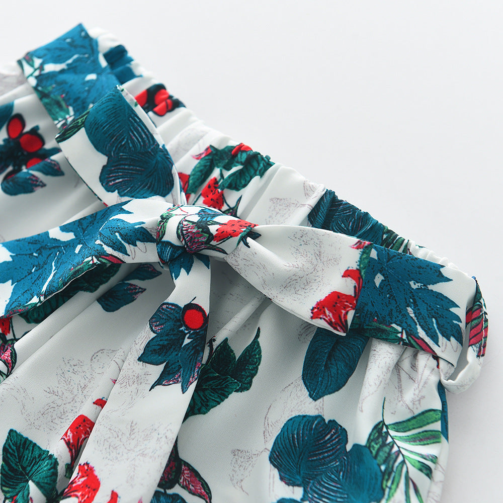 Girls Solid Top and Floral Printed Shorts Set