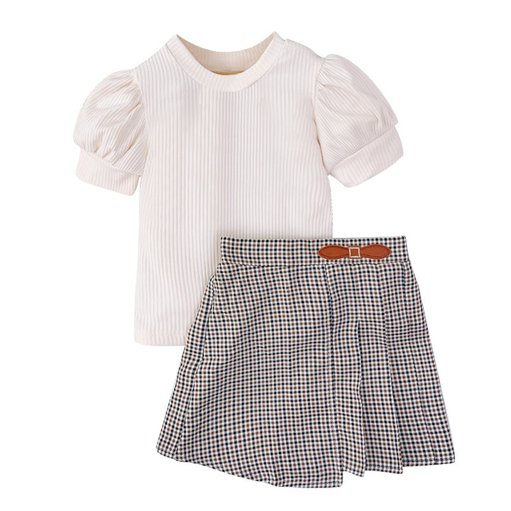 Girls Striped Round Neck Top With Skirt