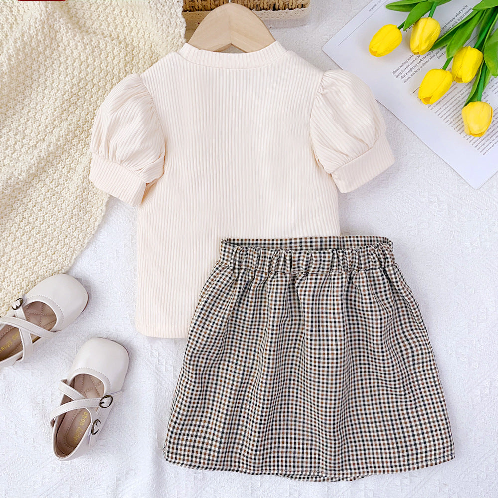 Girls Striped Round Neck Top With Skirt