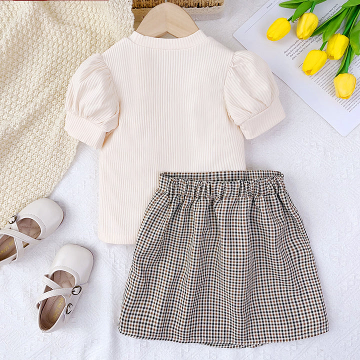 Girls Striped Round Neck Top With Skirt