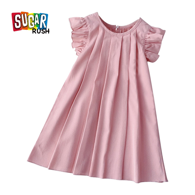 Pink Girls Flutter Sleeves Pleated A-Line Dress