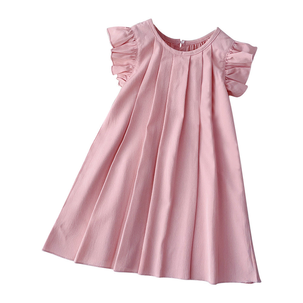 Pink Girls Flutter Sleeves Pleated A-Line Dress