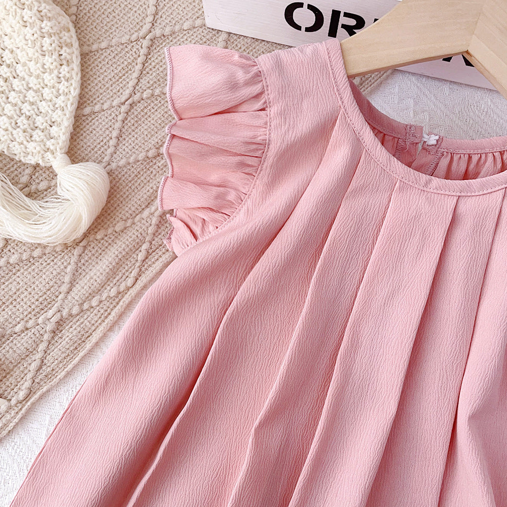 Pink Girls Flutter Sleeves Pleated A-Line Dress