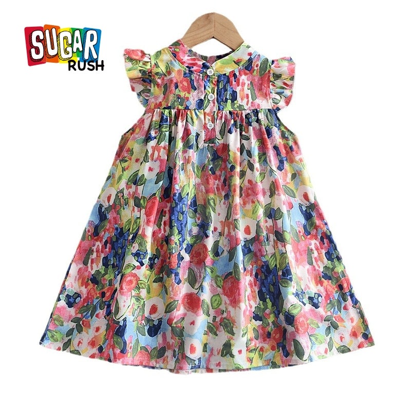 Girls Floral Print Flutter Sleeve Empire Dress