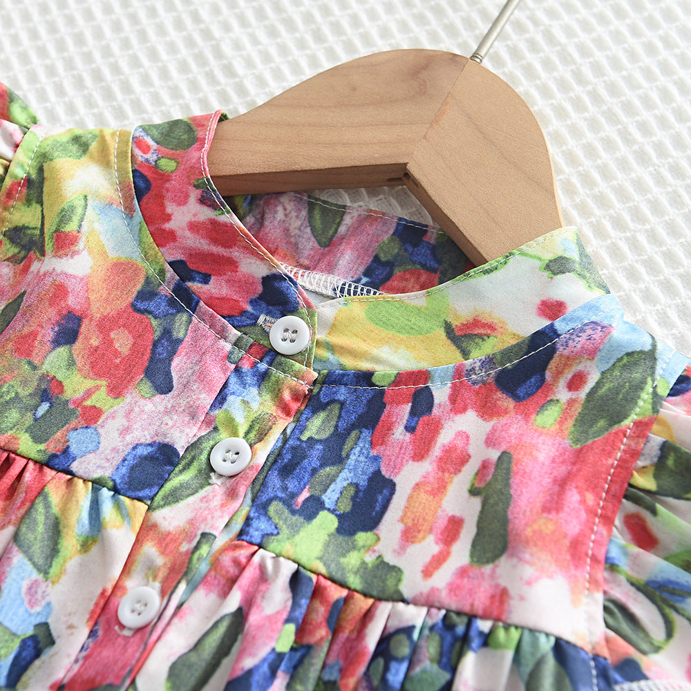 Girls Floral Print Flutter Sleeve Empire Dress