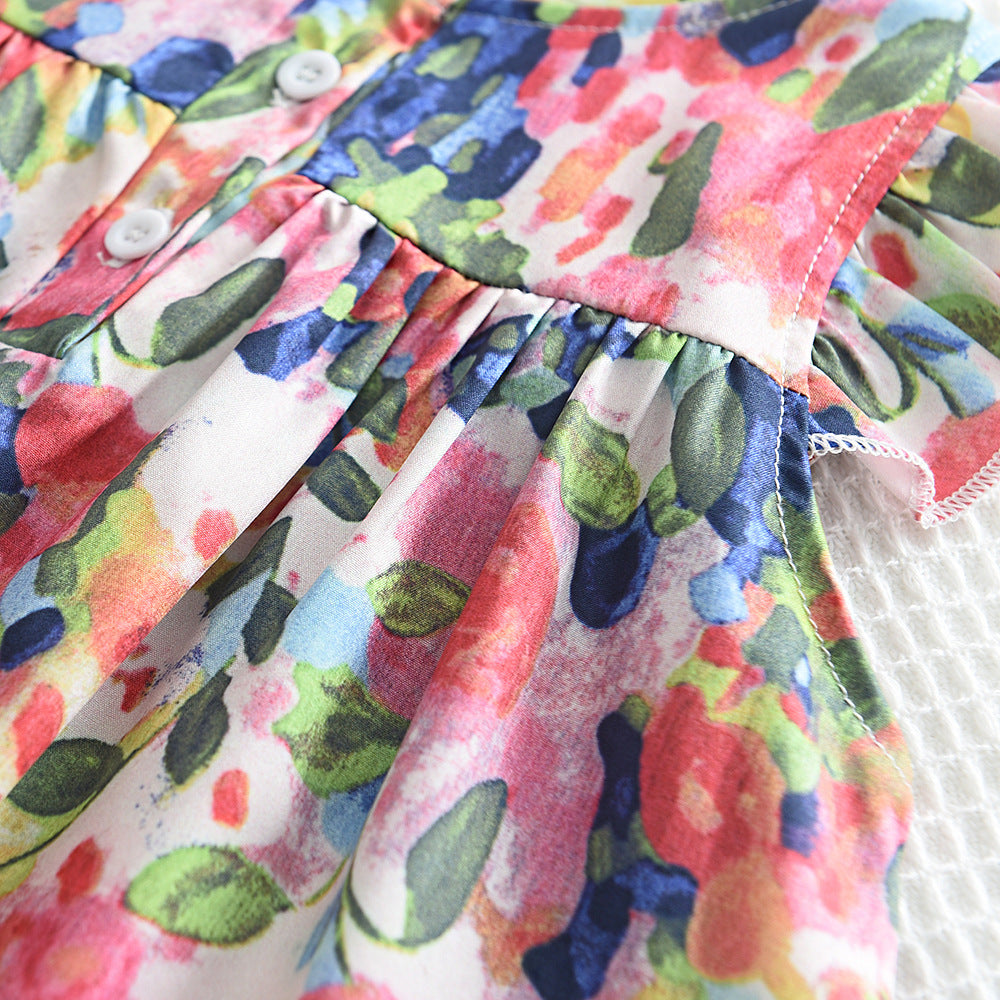 Girls Floral Print Flutter Sleeve Empire Dress