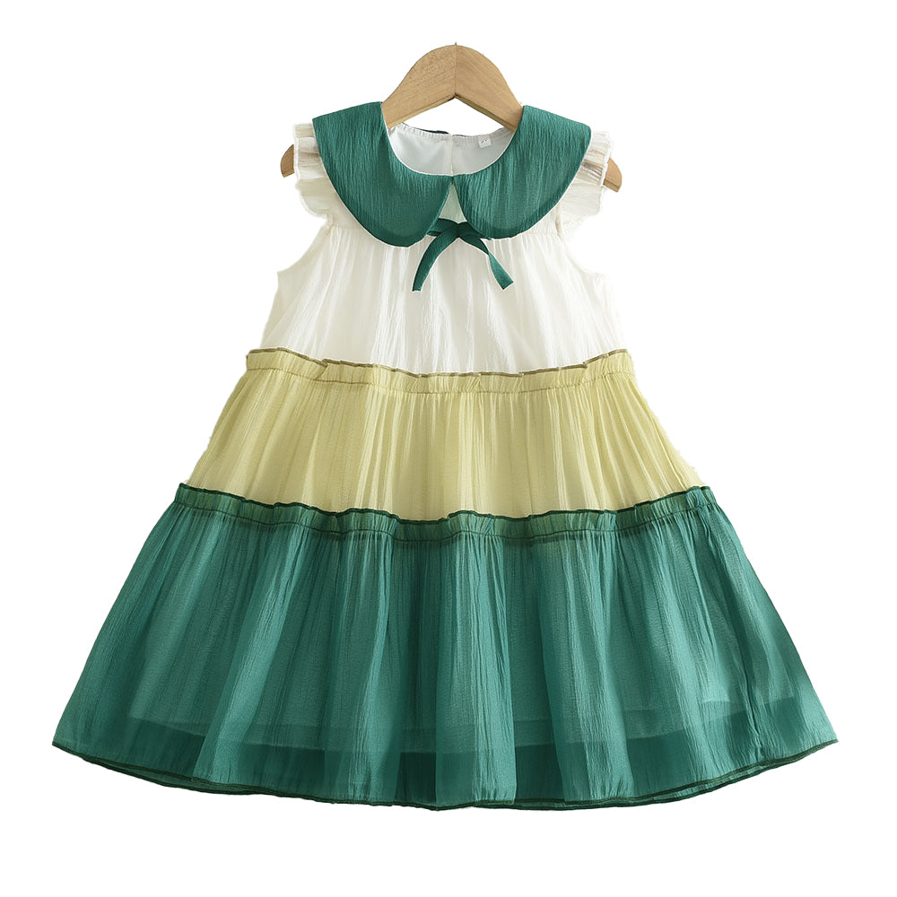 Girls Green Colourblocked Peter Pan Collar Layered A-Line Dress