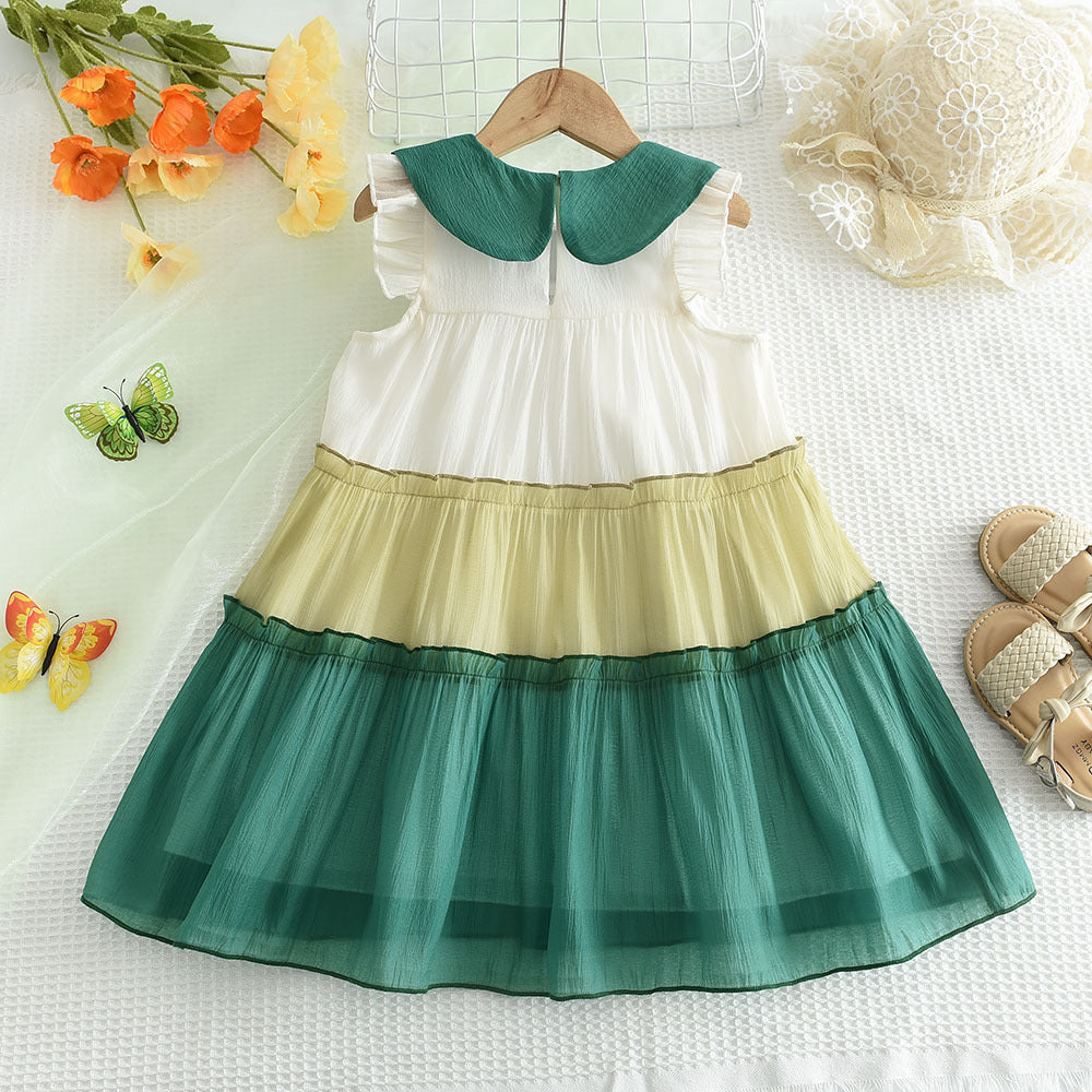Girls Green Colourblocked Peter Pan Collar Layered A-Line Dress