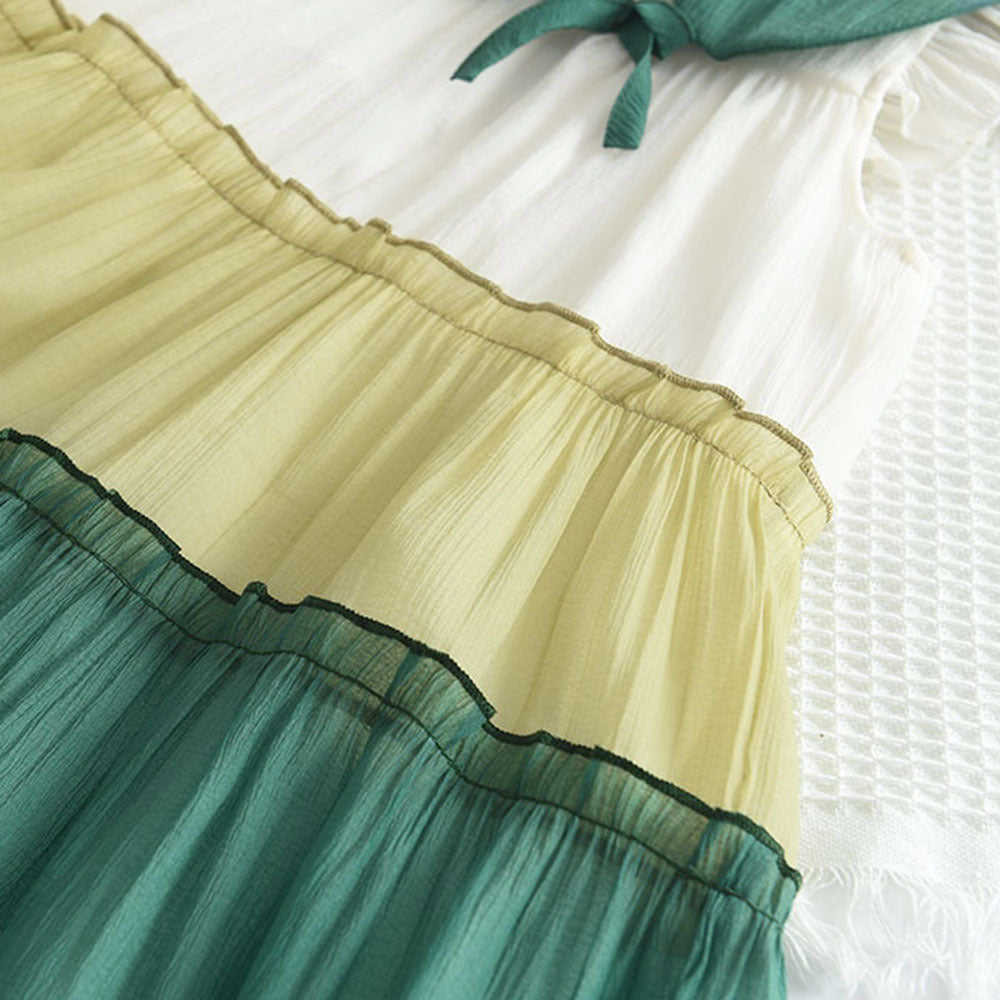 Girls Green Colourblocked Peter Pan Collar Layered A-Line Dress