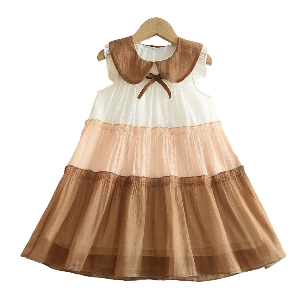 Girls Khaki Colourblocked Peter Pan Collar Layered A-Line Dress