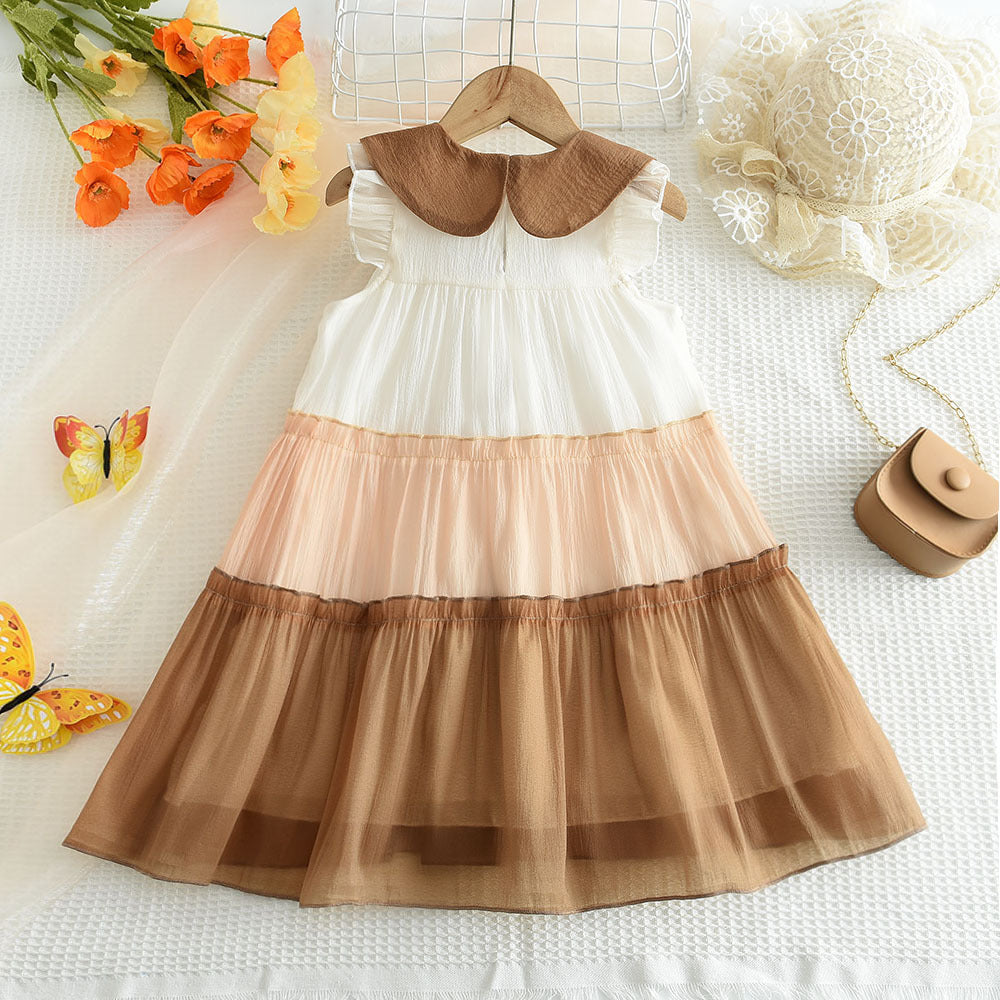 Girls Khaki Colourblocked Peter Pan Collar Layered A-Line Dress