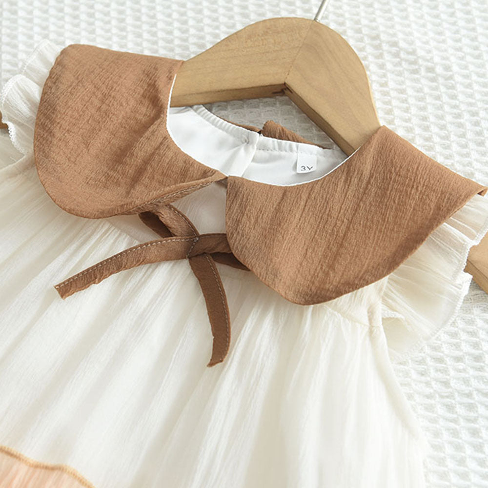 Girls Khaki Colourblocked Peter Pan Collar Layered A-Line Dress