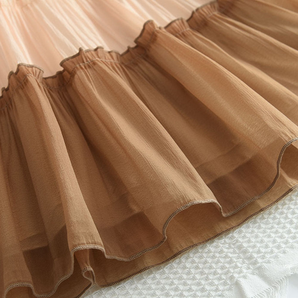 Girls Khaki Colourblocked Peter Pan Collar Layered A-Line Dress