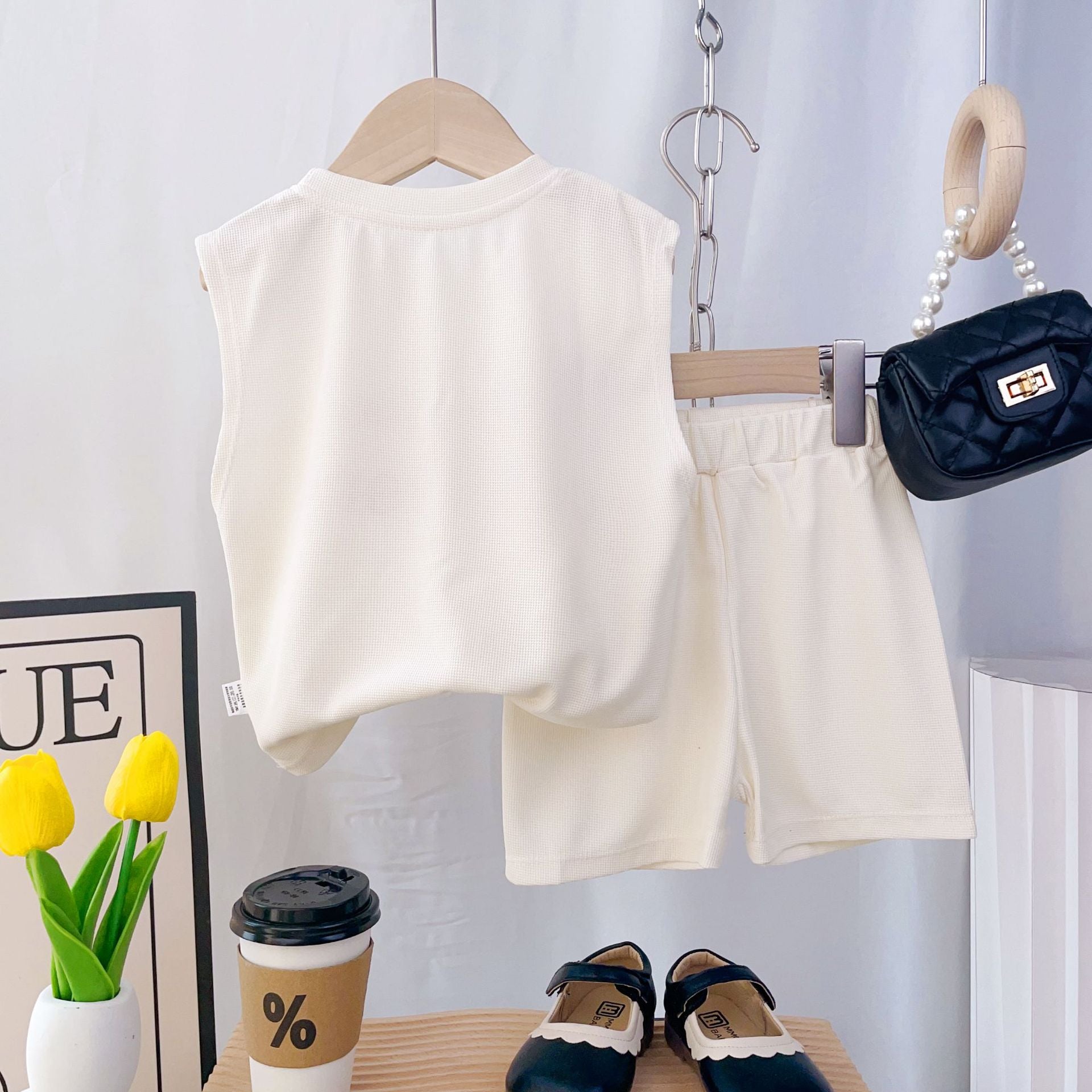 Girls Beige V-Neck Printed T-shirt with Shorts