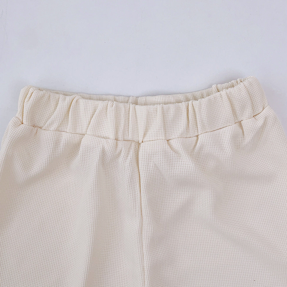 Girls Beige V-Neck Printed T-shirt with Shorts