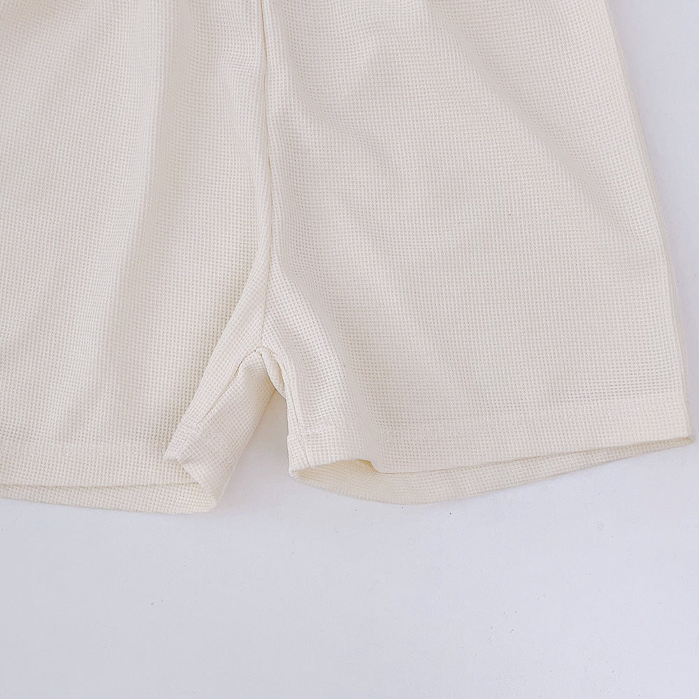 Girls Beige V-Neck Printed T-shirt with Shorts