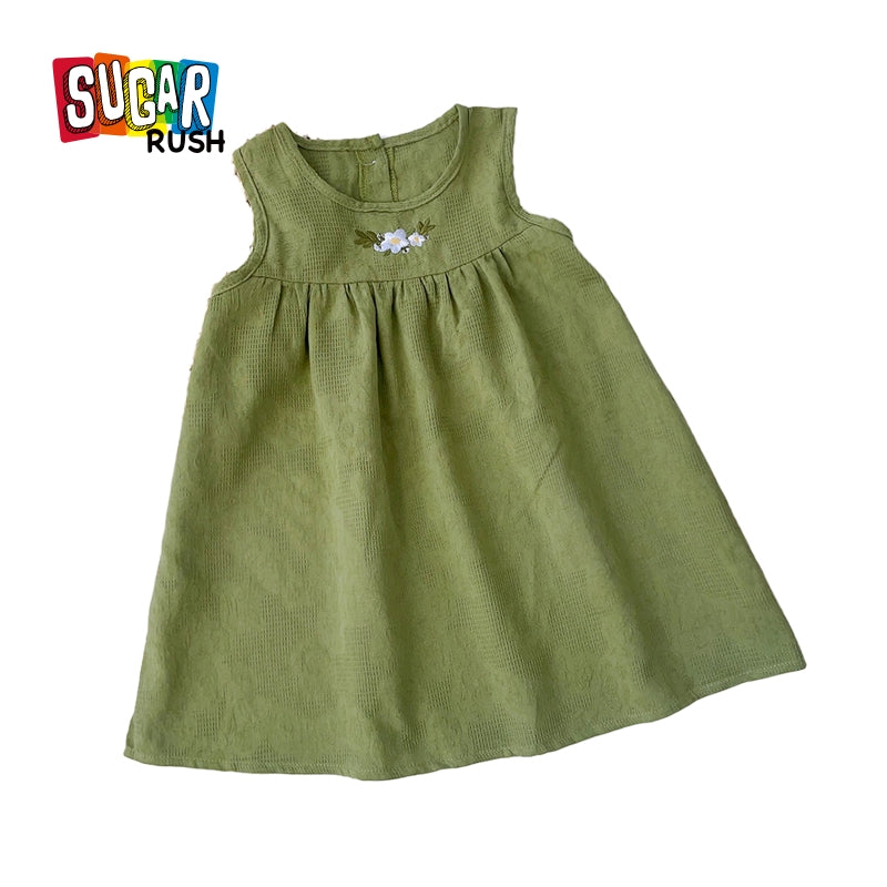 Girls Green Round Neck Corsage Cotton A-Line Dress
