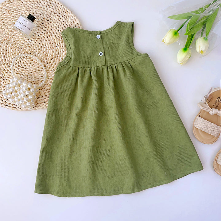 Girls Green Round Neck Corsage Cotton A-Line Dress