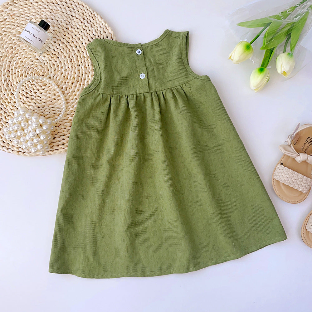 Girls Green Round Neck Corsage Cotton A-Line Dress