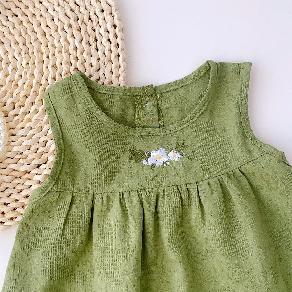 Girls Green Round Neck Corsage Cotton A-Line Dress