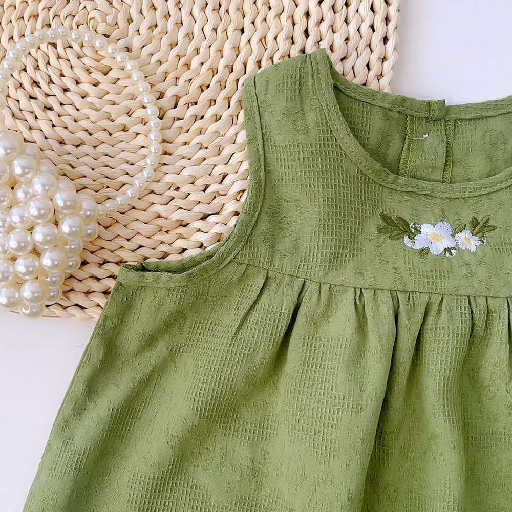 Girls Green Round Neck Corsage Cotton A-Line Dress
