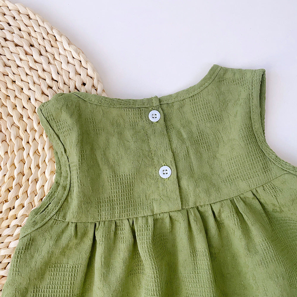 Girls Green Round Neck Corsage Cotton A-Line Dress